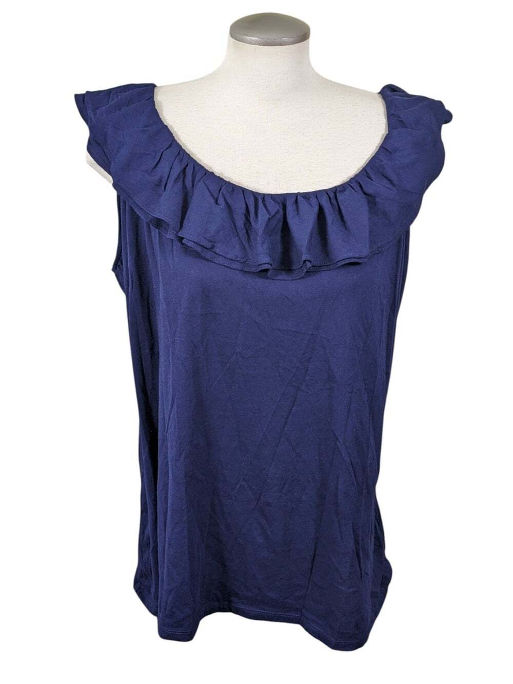 Lauren Ralph Lauren Tank Top Navy Blue Ruffle Neck Sleeveless Cotton Size 3X